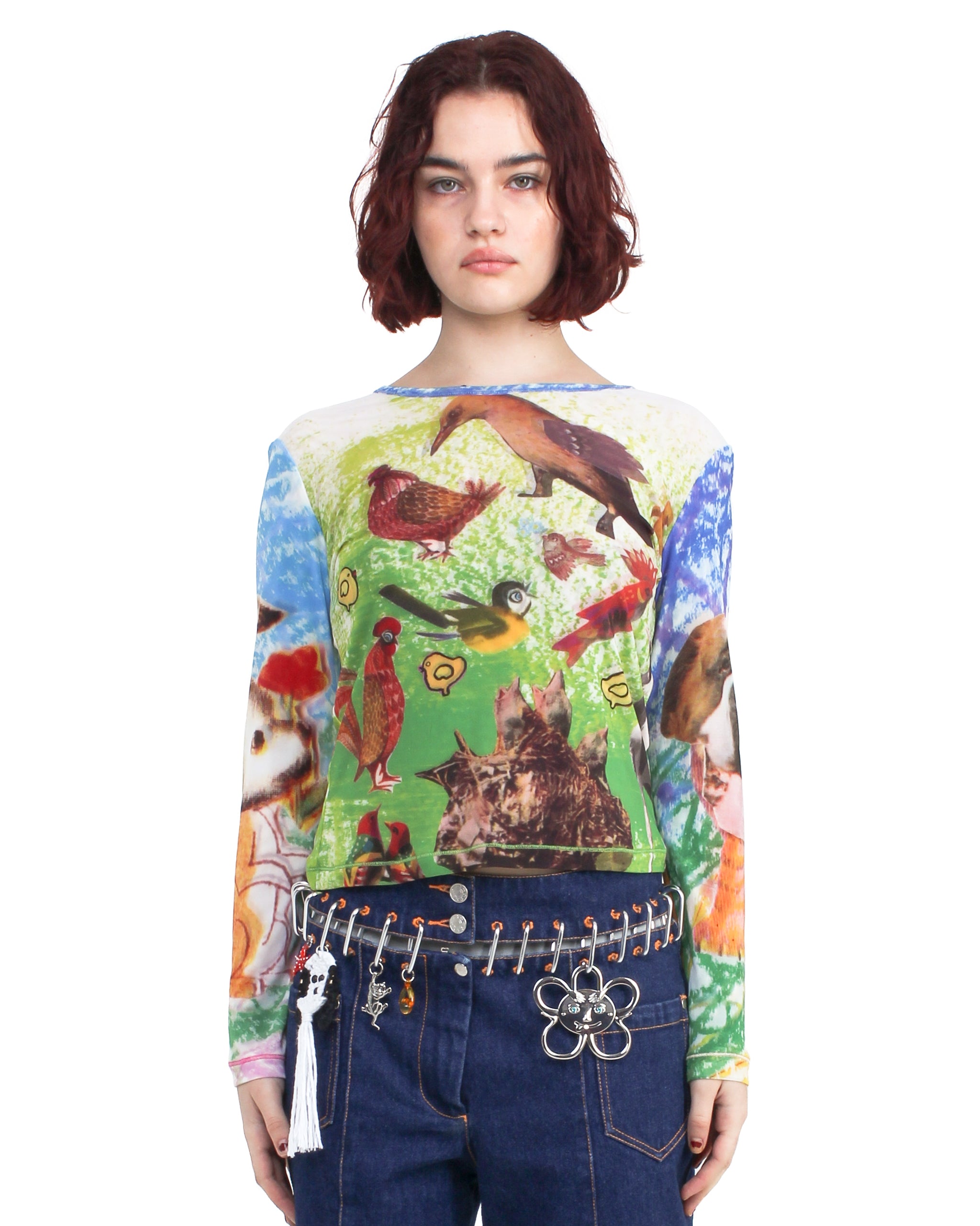 Birds Everywhere Fitted Mesh Top