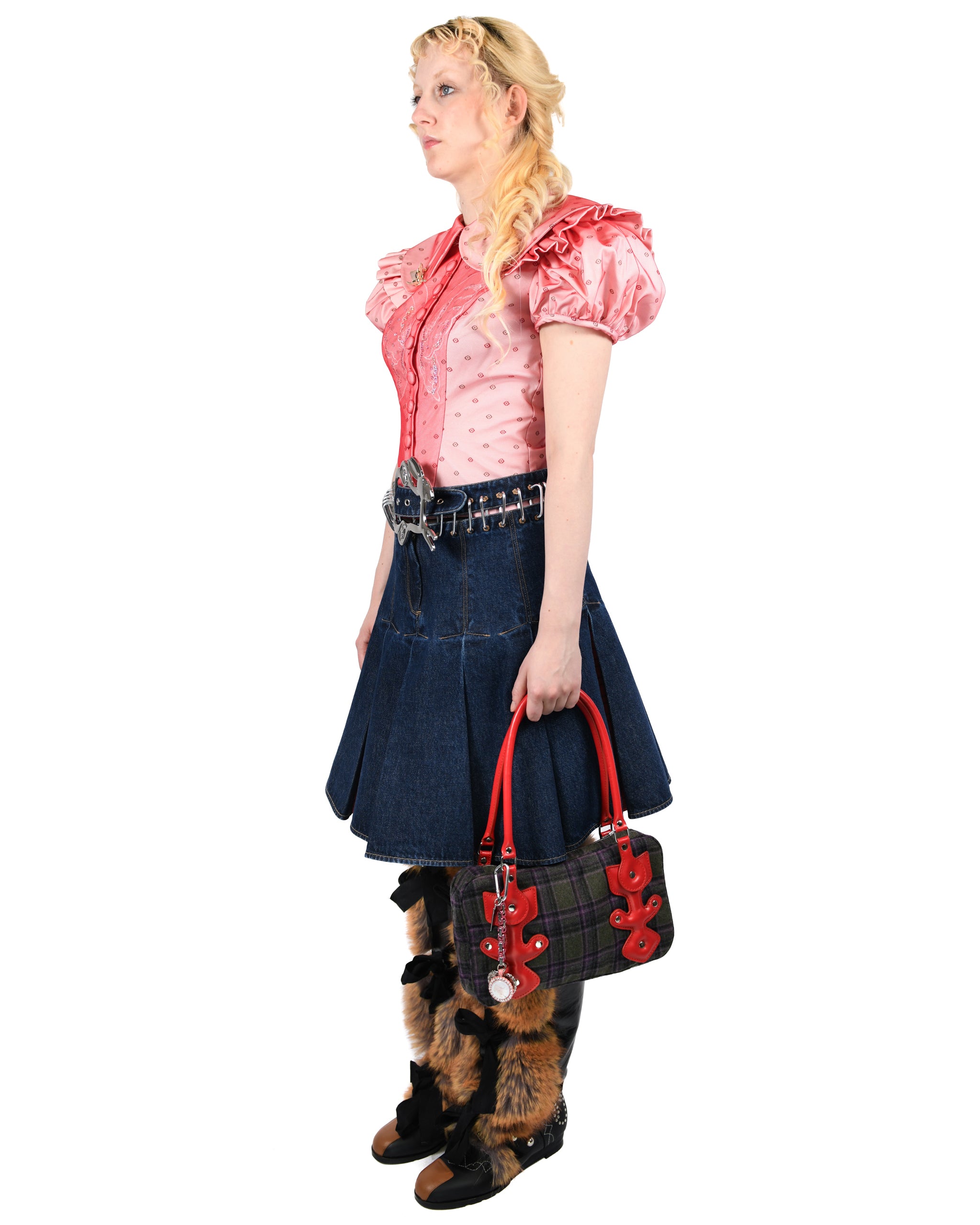 Plaid Bevo Denim Carabiner Knee Skirt