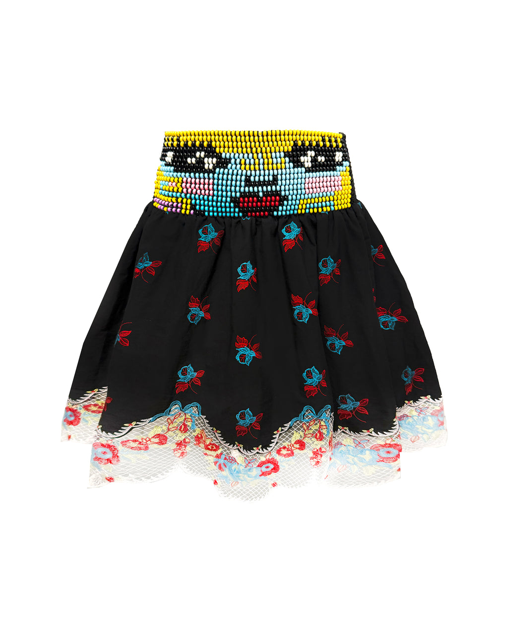 Loppy Beaded Smocked Black Knee Skirt