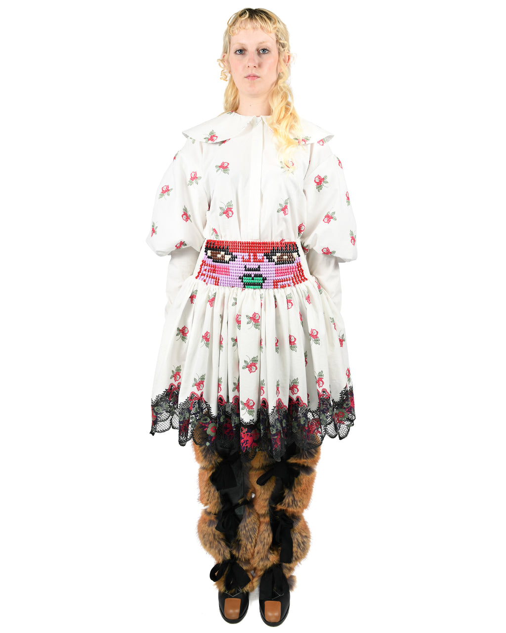 Loppy Beaded Smocked White Knee Skirt