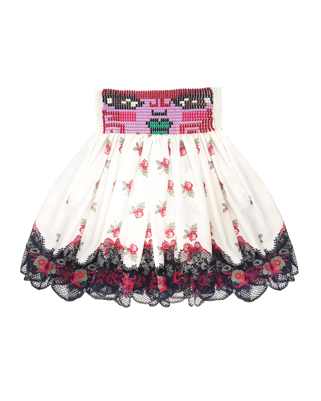 Loppy Beaded Smocked White Knee Skirt