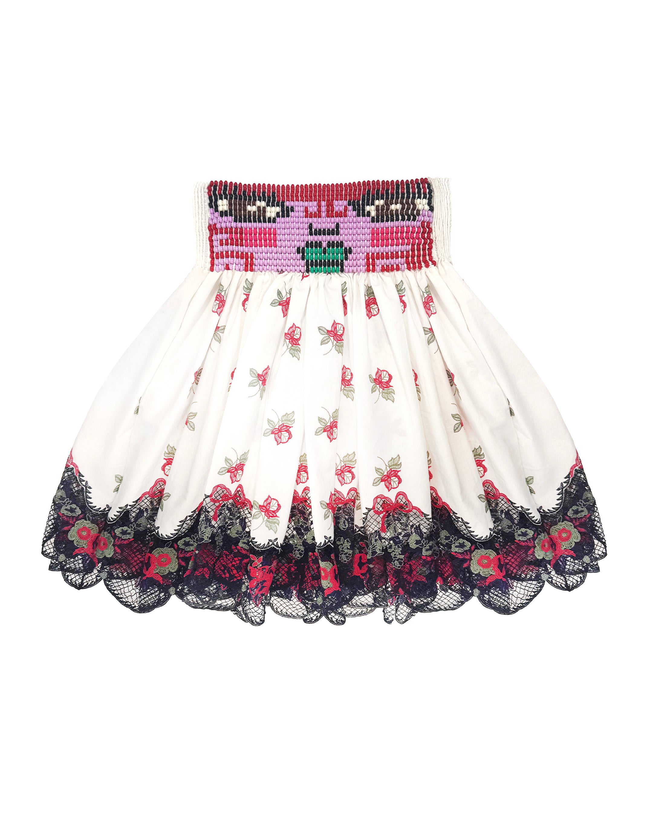 Loppy Beaded Smocked White Knee Skirt
