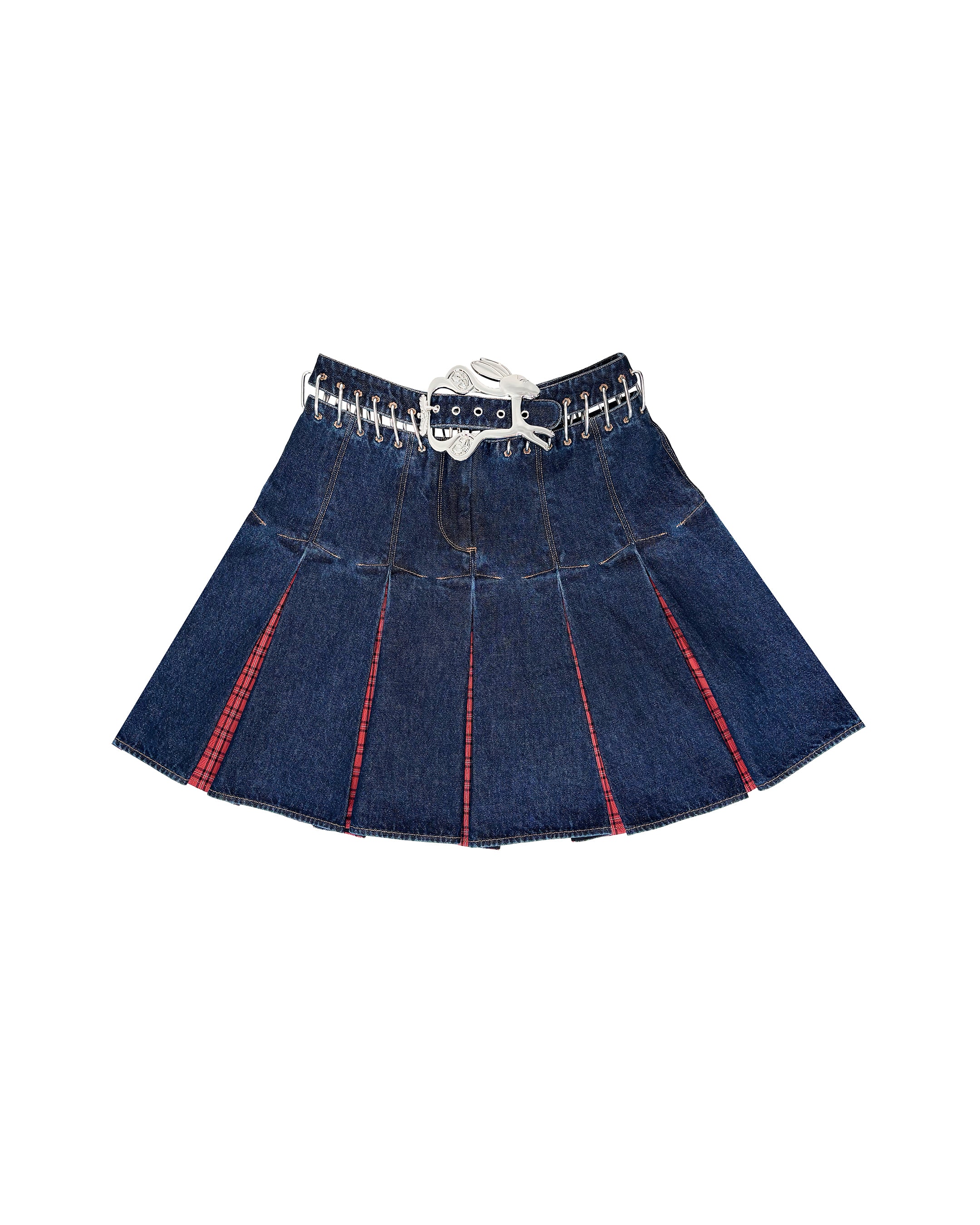 Plaid Bevo Denim Carabiner Knee Skirt