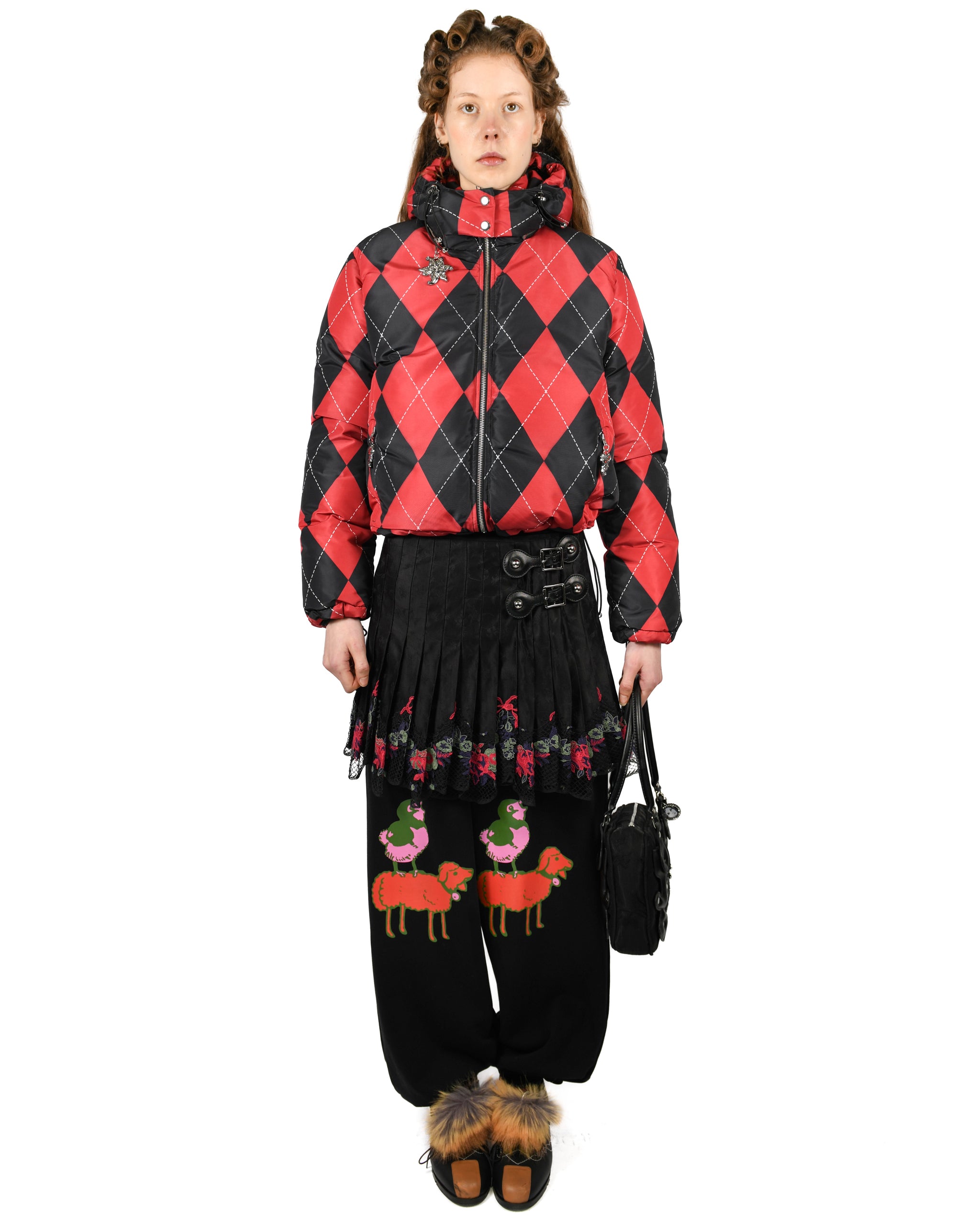 Red Argyle Puffer Jacket