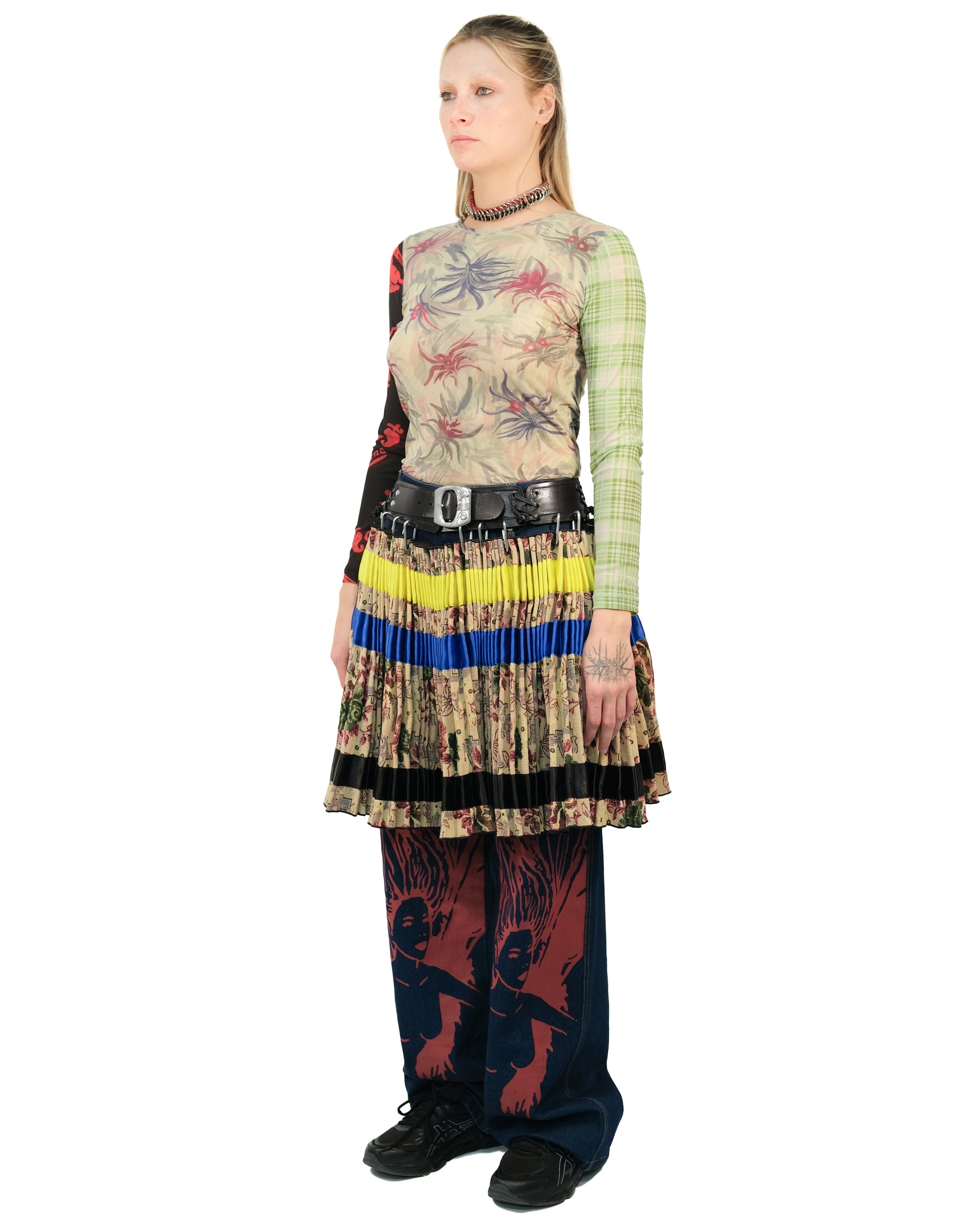 Tapestry Stripe Laced Belt Knee Carabiner Skirt