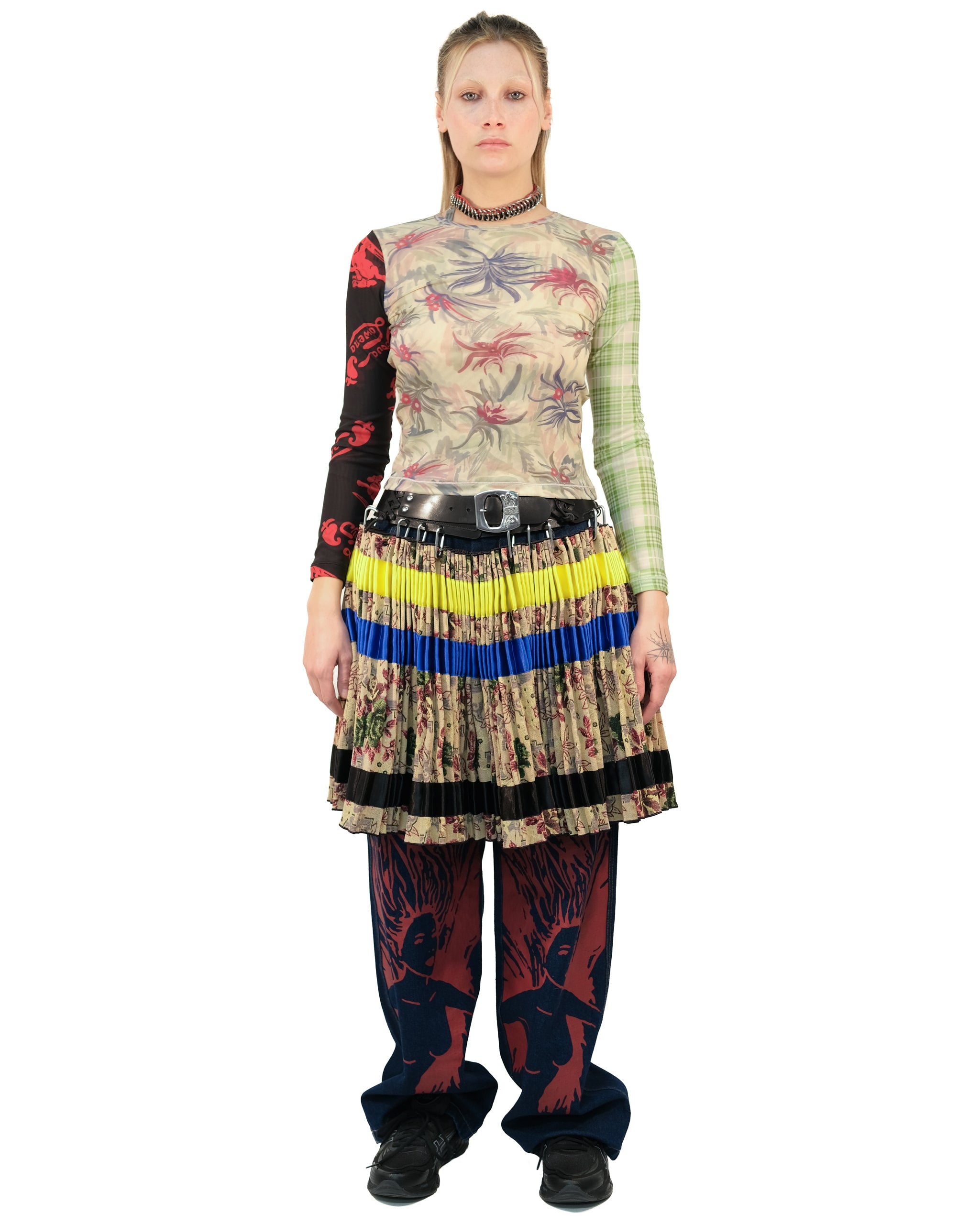 Tapestry Stripe Laced Belt Knee Carabiner Skirt