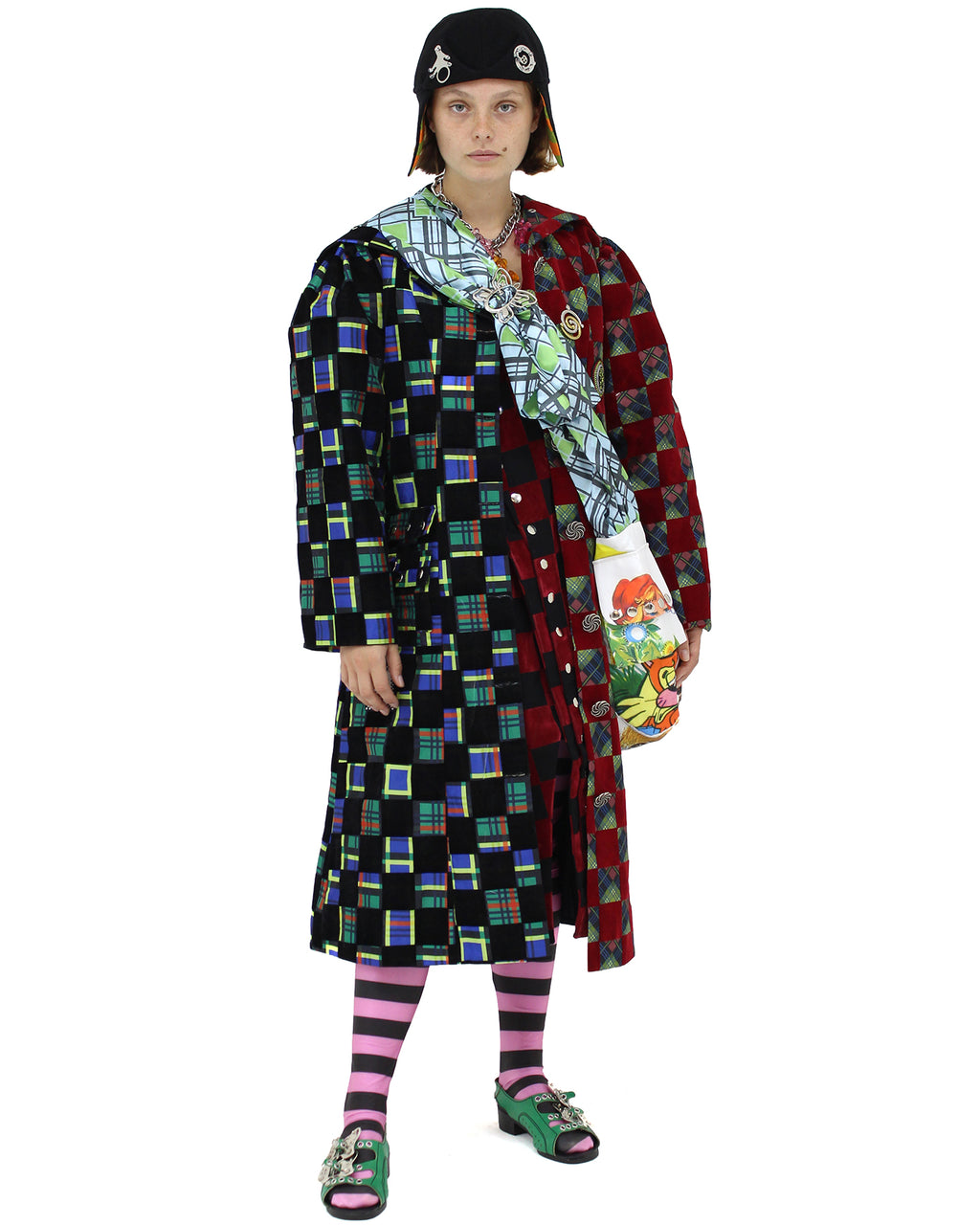 Hood Coat Split Checker Plaid Argyle