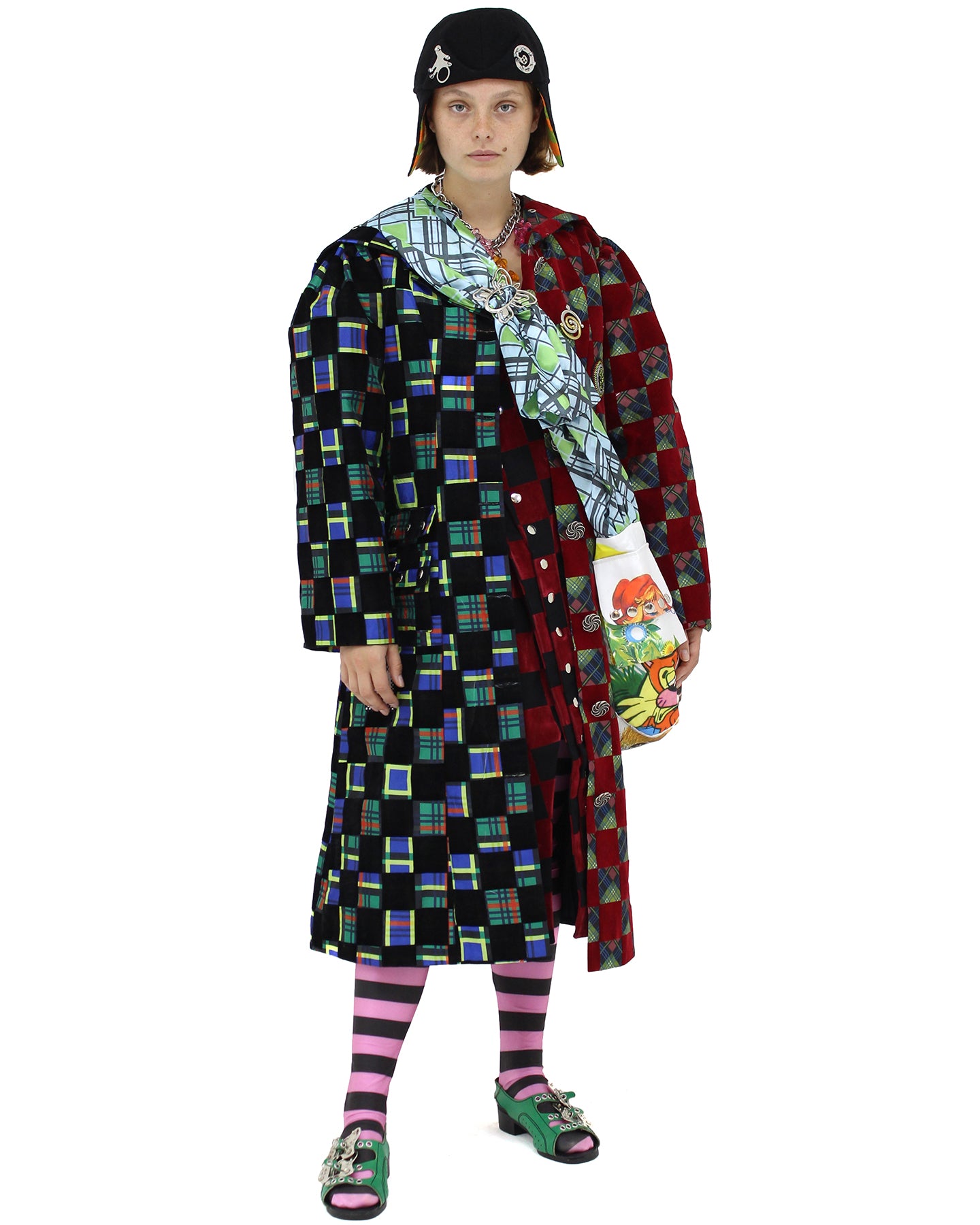 Hood Coat Split Checker Plaid Argyle