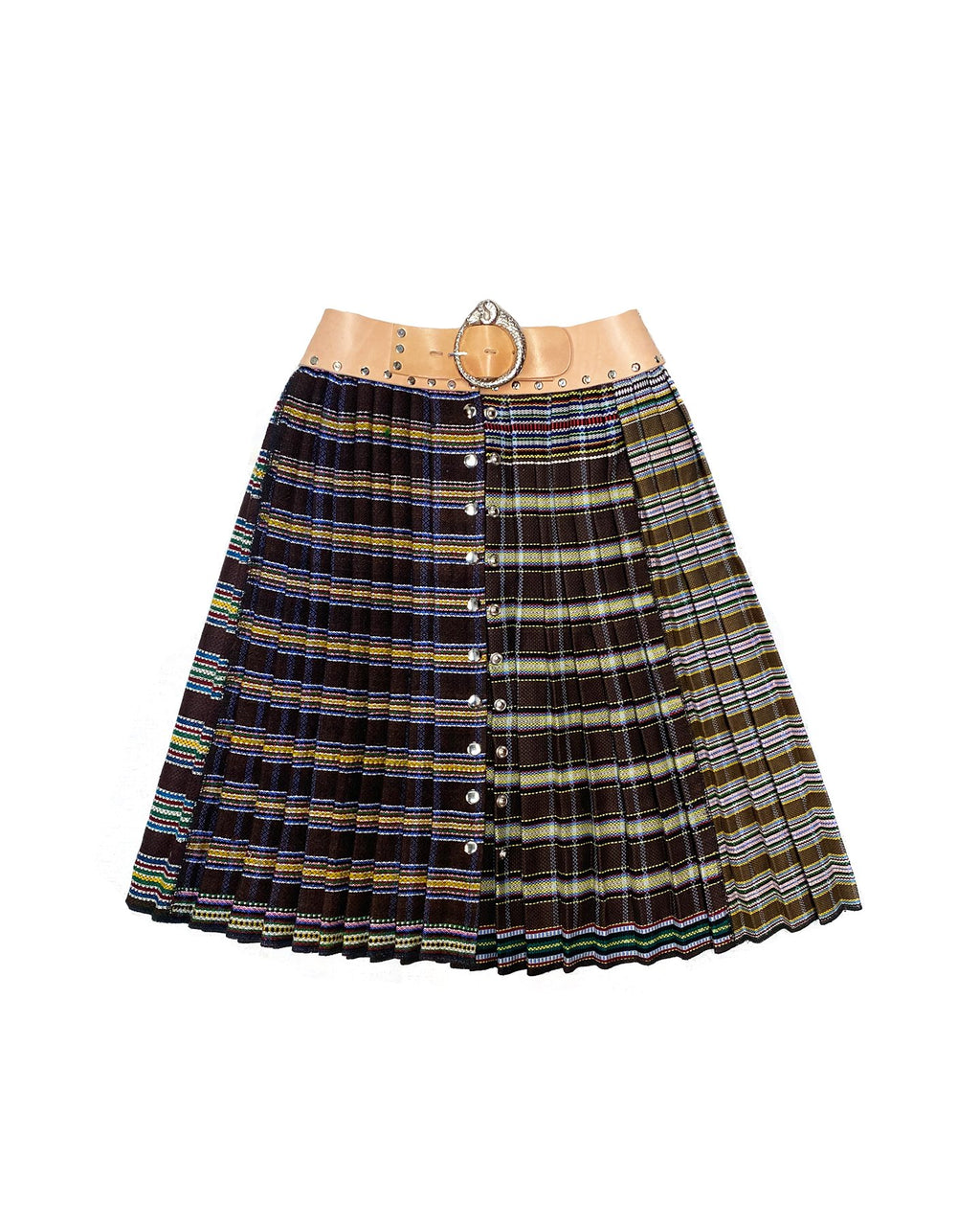 Multi Wool Pleated Skirt with Tan Belt