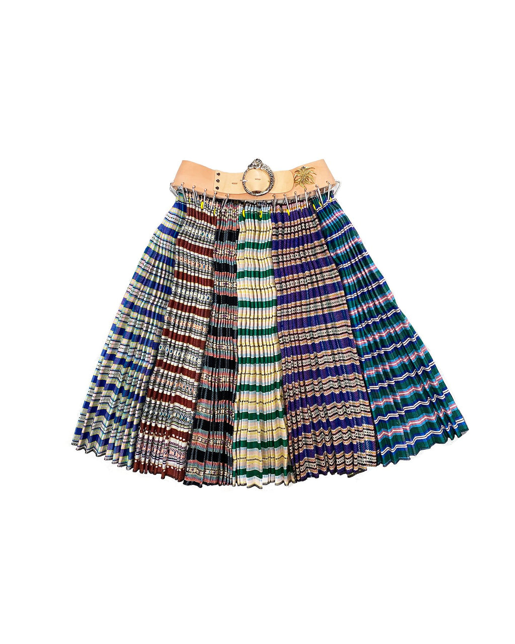 Mixed Pleated Wool Skirt with Tan Belt