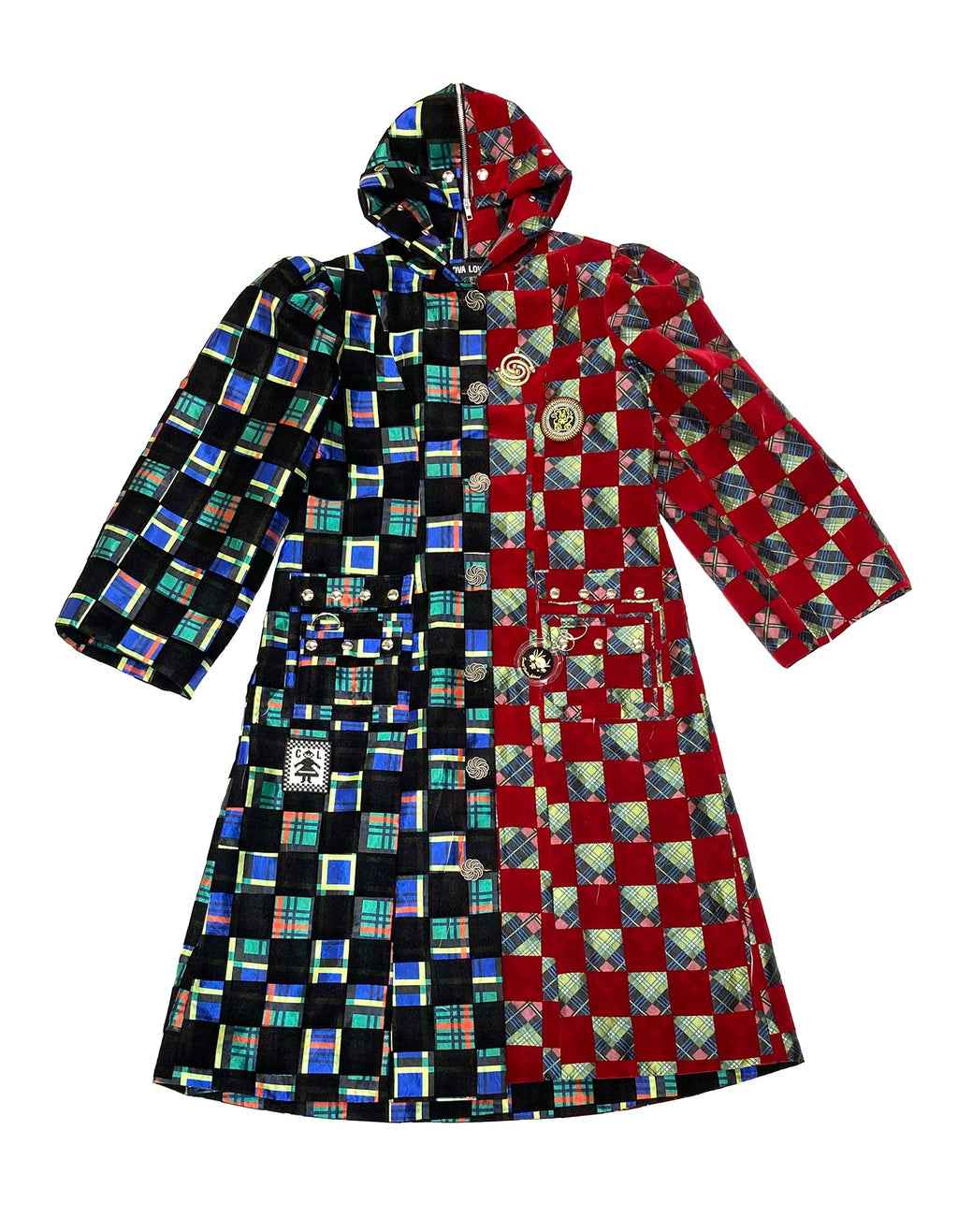 Hood Coat Split Checker Plaid Argyle